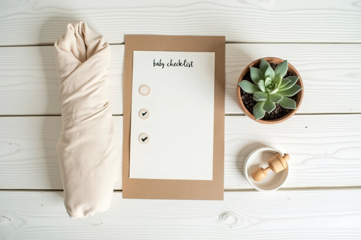 Vue de dessus d'une liste de naissance imprimée sur papier kraft entourée d'accessoires et vêtements de bébé soigneusement choisis