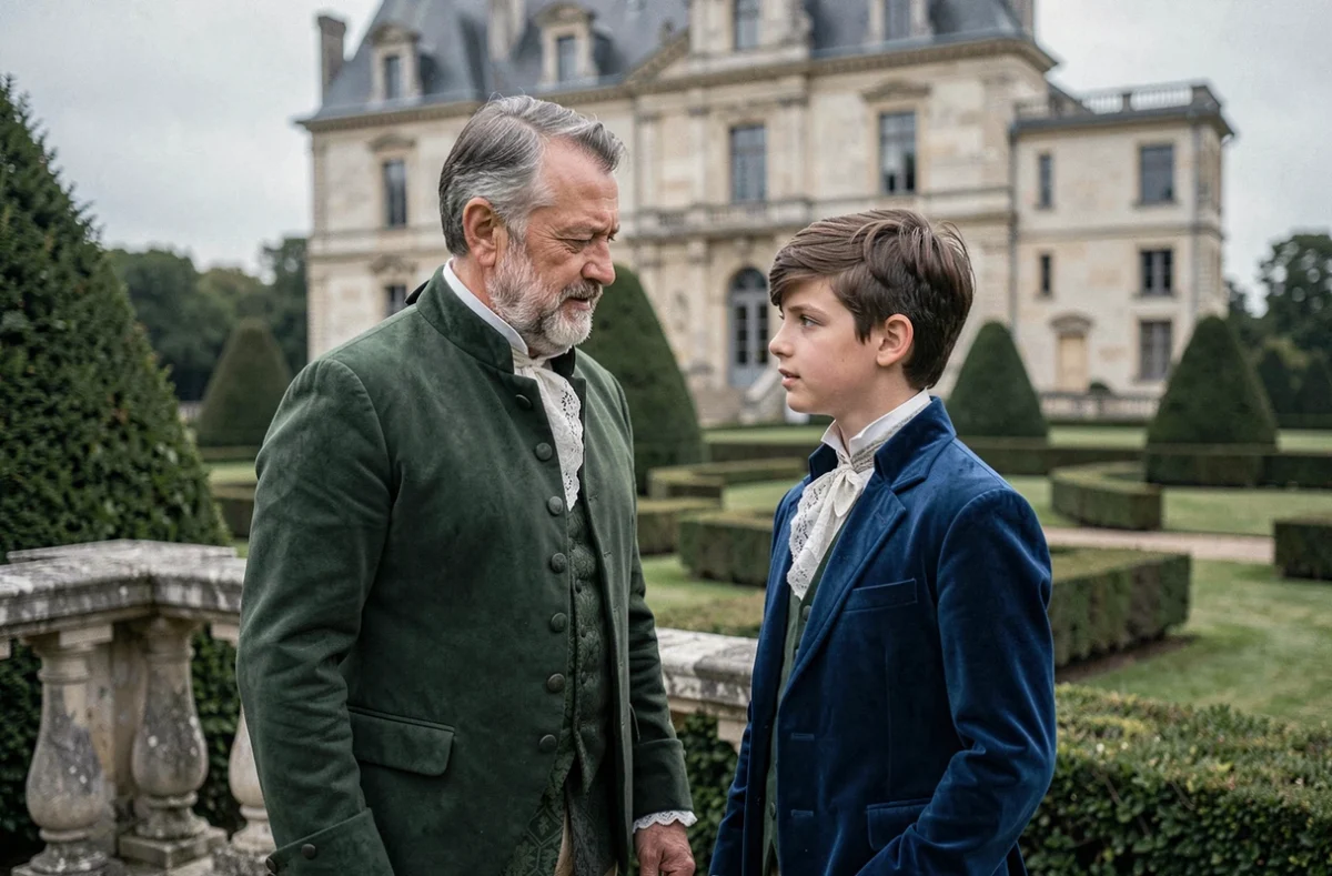 Jeune Louis XIII en costume bleu royal avec un conseiller noble dans les jardins à la française d'un château du XVIIe siècle, symbolisant son éducation princière