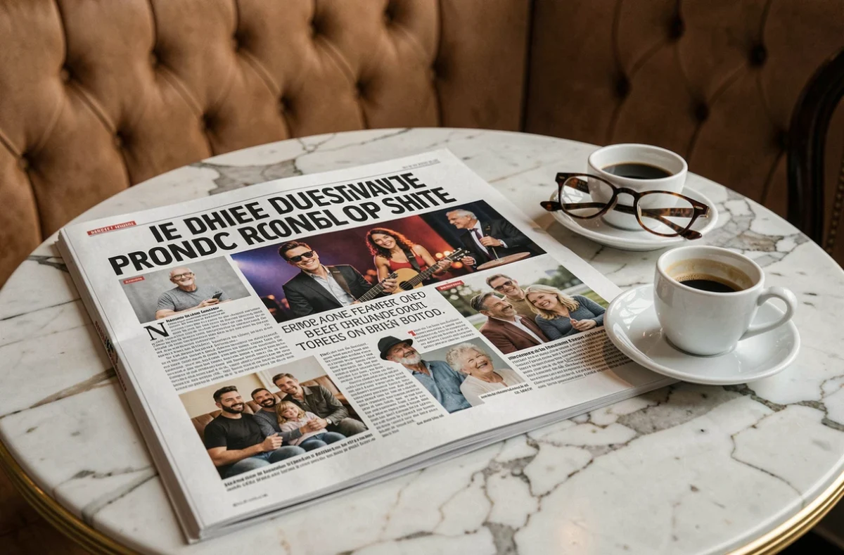 Magazine people ouvert sur une table en marbre dans un café parisien, article sur une icône de la pop française avec photos éditoriales et familiales