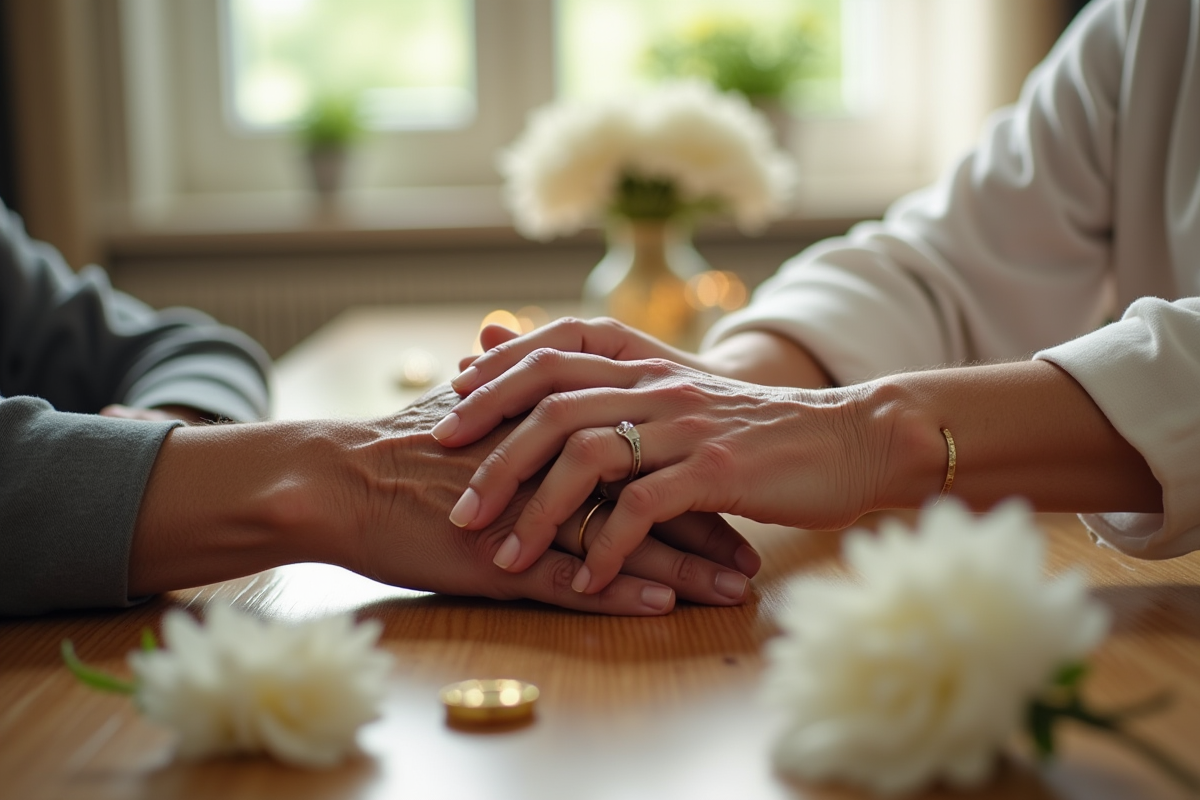 Mains d un couple age avec alliances sur une table en bois