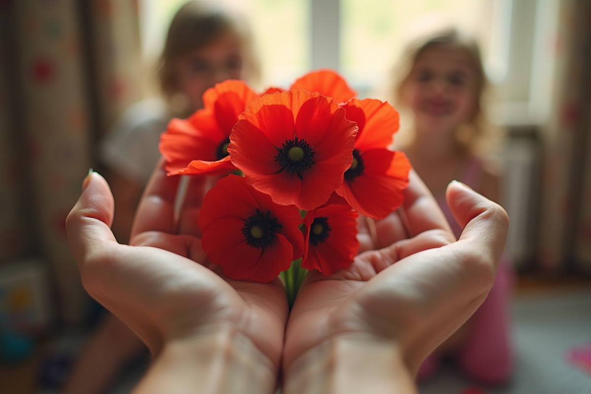 Mains tenant un bouquet de coquelicots rouges avec enfants jouant en arrière-plan