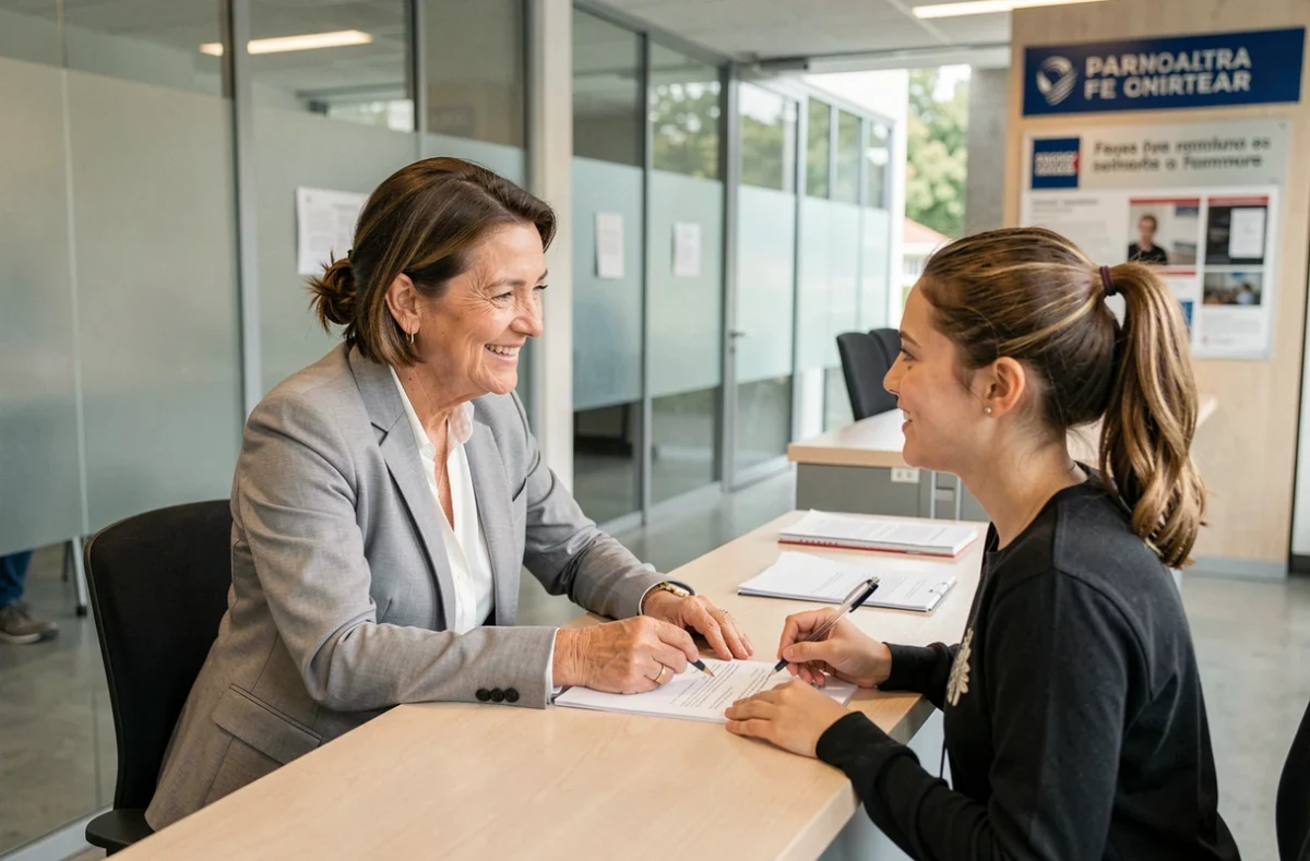 Agente municipale accompagnant une mère dans ses démarches administratives périscolaires au guichet de la mairie de Toulon