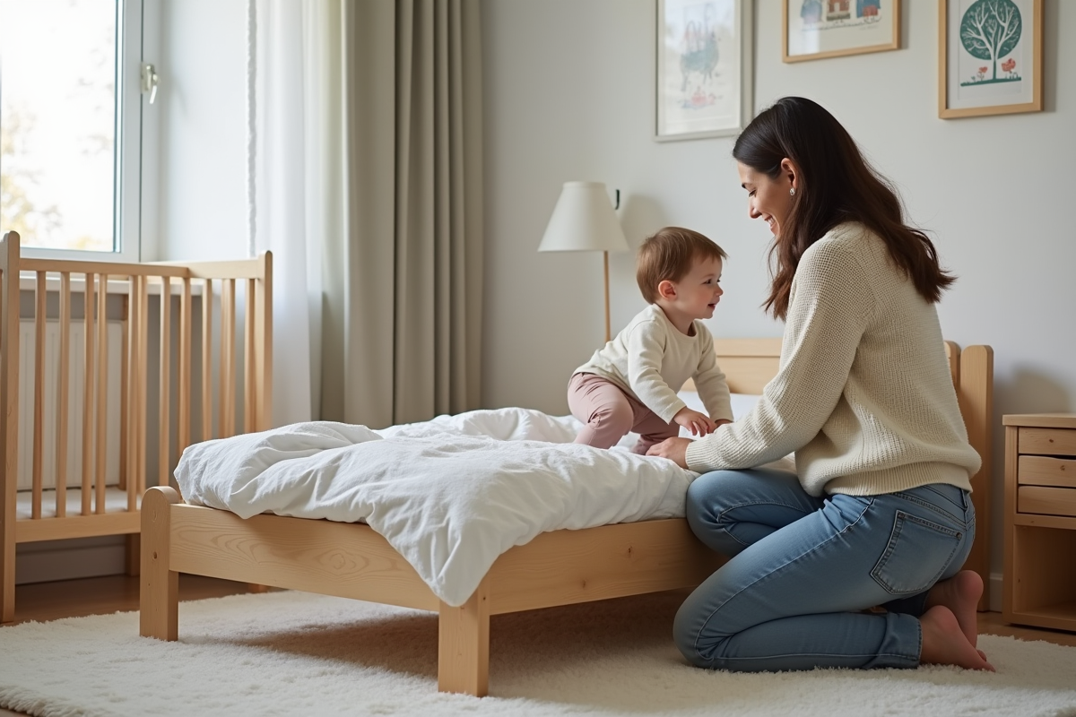 Maman encourage son enfant à monter dans le lit