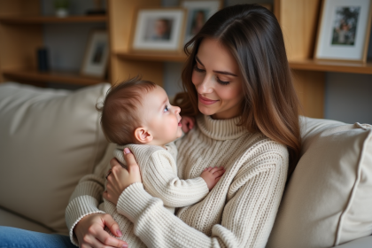 Jeune maman avec bébé dans un salon chaleureux