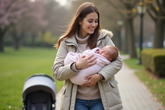 Jeune maman avec bébé dans un parc au printemps
