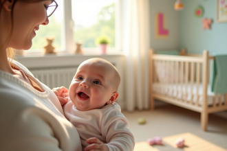Jeune maman tenant son bébé dans une nurserie lumineuse