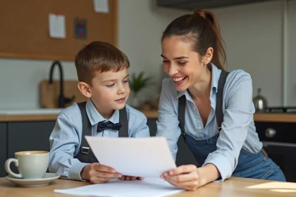 Maman et enfant examinent une lettre d'assurance à la maison