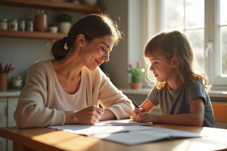 Maman et son enfant discutant à la cuisine avec un bulletin scolaire