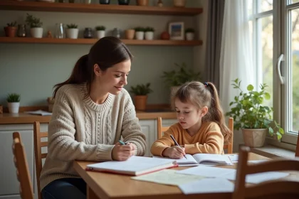 Maman et sa fille discutent des devoirs à la maison