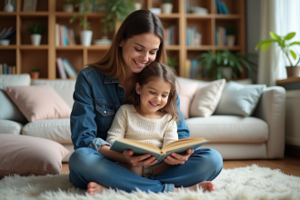 Maman et fille lisant un livre dans un salon chaleureux
