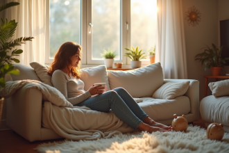 Maman fatiguée assise sur un canapé lumineux avec tasse de thé
