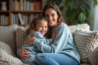 Mère et fille souriantes dans un salon chaleureux