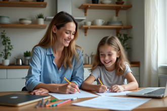 Mère et fille souriantes à la table de cuisine