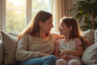 Maman et fille assises sur un canapé lumineux