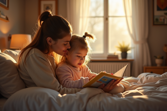 Maman lit une histoire à son enfant dans une chambre chaleureuse