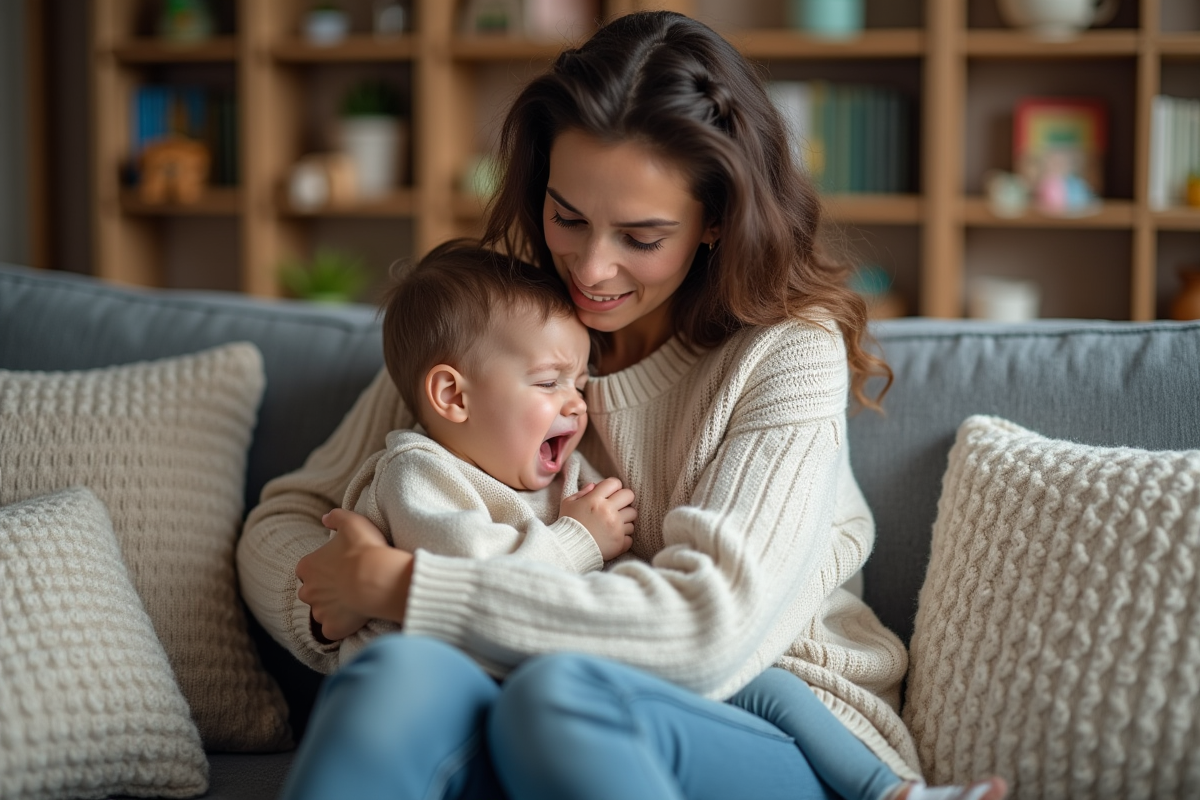 Maman douce avec son enfant en crise dans le salon