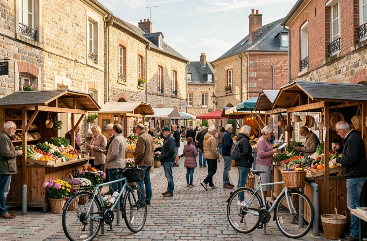 Marché local animé sur une place de quartier résidentiel à Orvault avec des habitants faisant leurs courses
