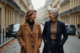 Marie Philippe Gougler et sa compagne se promènent ensemble dans une rue parisienne à l'automne, souriantes et décontractées