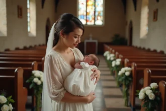 Marraine en robe ivoire tenant un nourrisson en robe de baptême dans une église en pierre décorée de roses blanches