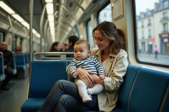 Mère et bébé d'un an dans le métro parisien, assise sur un siège bleu avec son enfant calme sur les genoux