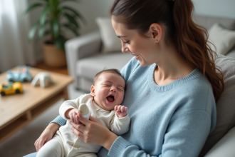 Mère en sweater bleu prépare un biberon pour son bébé
