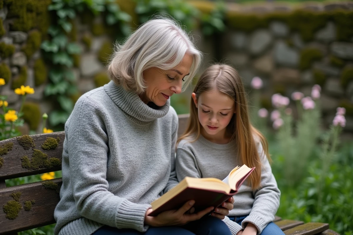 Mère et adolescente partageant la lecture d'un poème sur les parents inspiré de Rimbaud dans un jardin fleuri