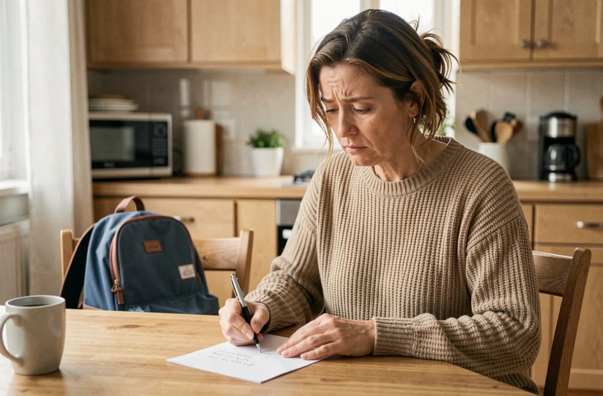 Mère écrivant un mot d'absence pour son enfant à l'école, assise à la table de cuisine avec un sac à dos scolaire
