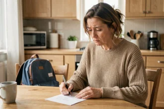 Mère écrivant un mot d'absence pour son enfant à l'école, assise à la table de cuisine avec un sac à dos scolaire