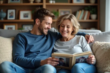 Jeune homme et mère souriants regardant un album photo