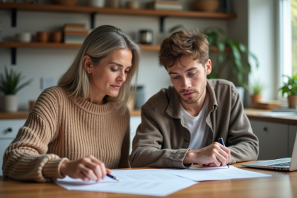 Mère et fils discutant de documents à la cuisine