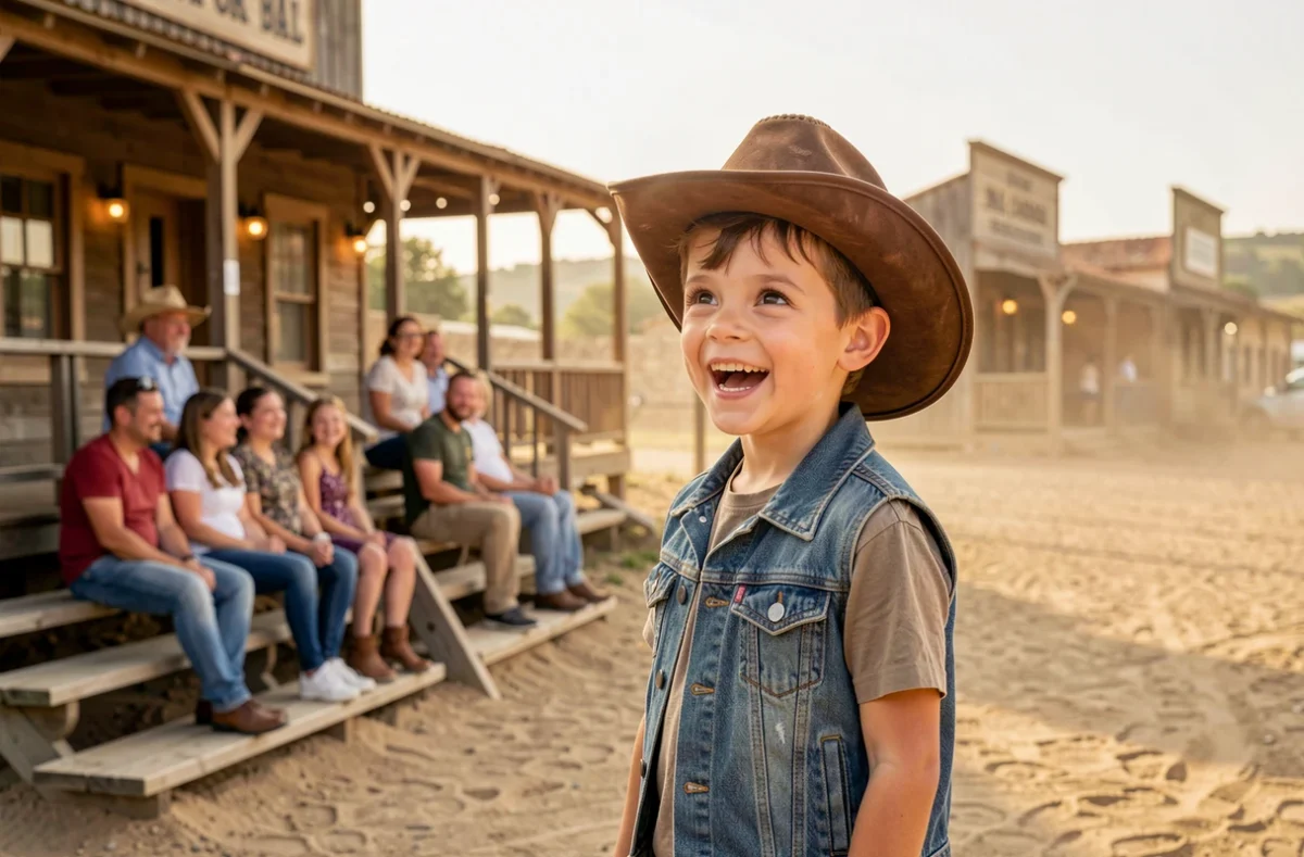 Petit garçon en chapeau de cowboy captivé par un spectacle de cascade western au parc OK Corral à Cuges-les-Pins