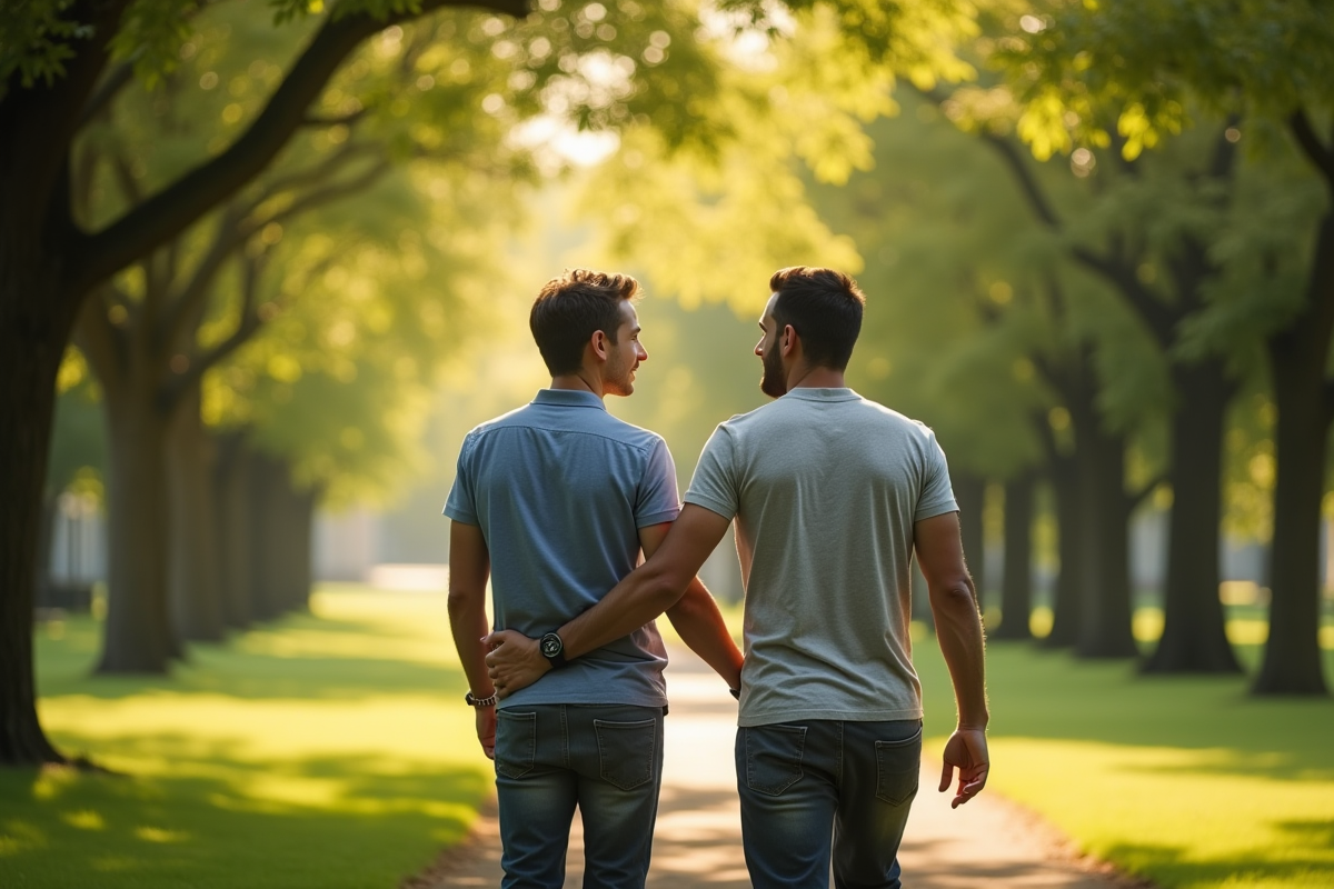 Père et fils discutant dans un parc verdoyant
