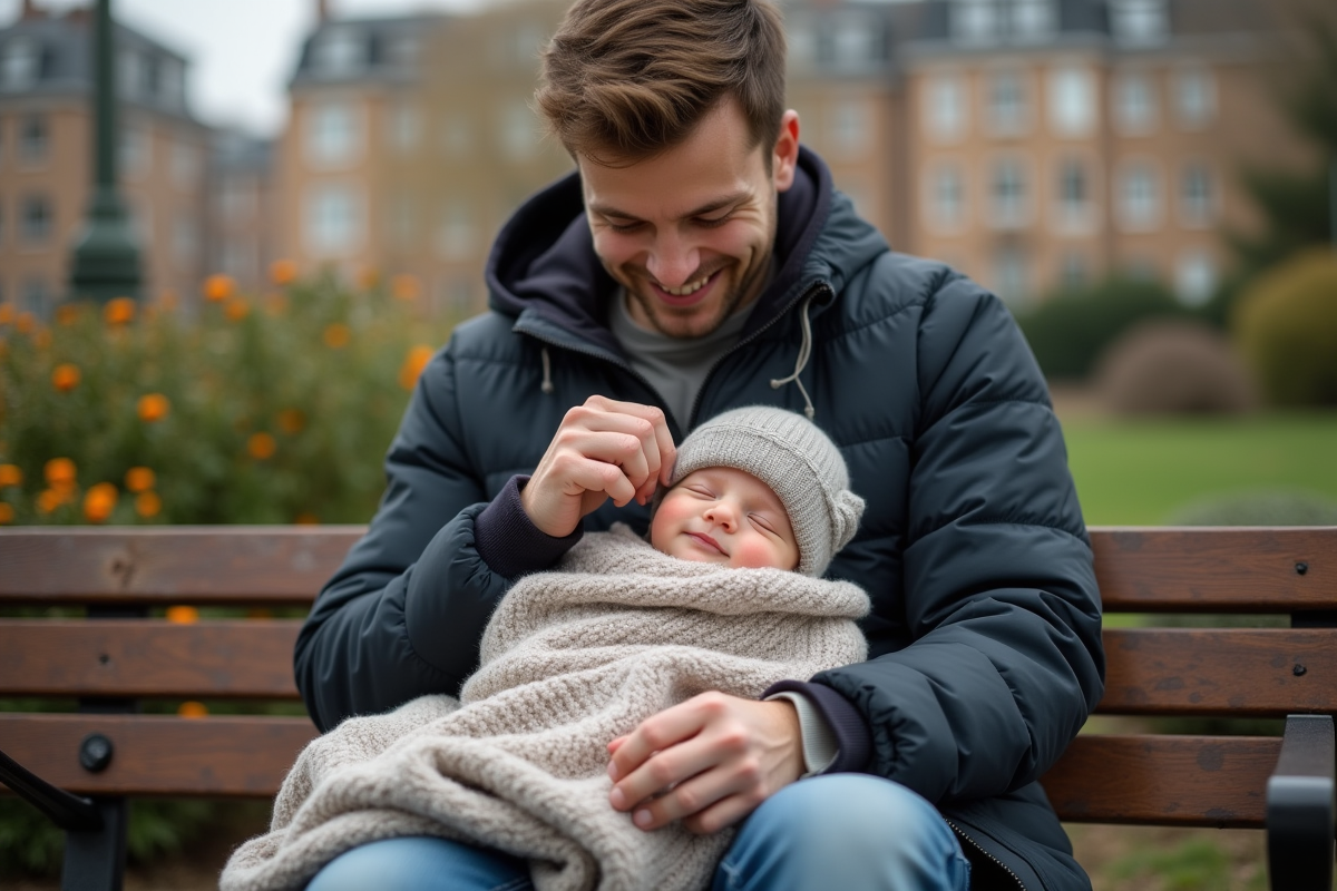 Papa ajustant le bonnet de son bébé dans un jardin urbain
