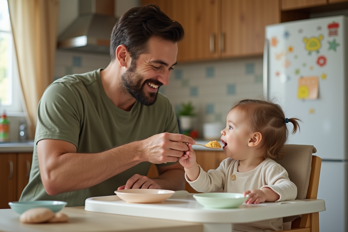 Père donne une purée à sa fille en chaise haute dans la cuisine