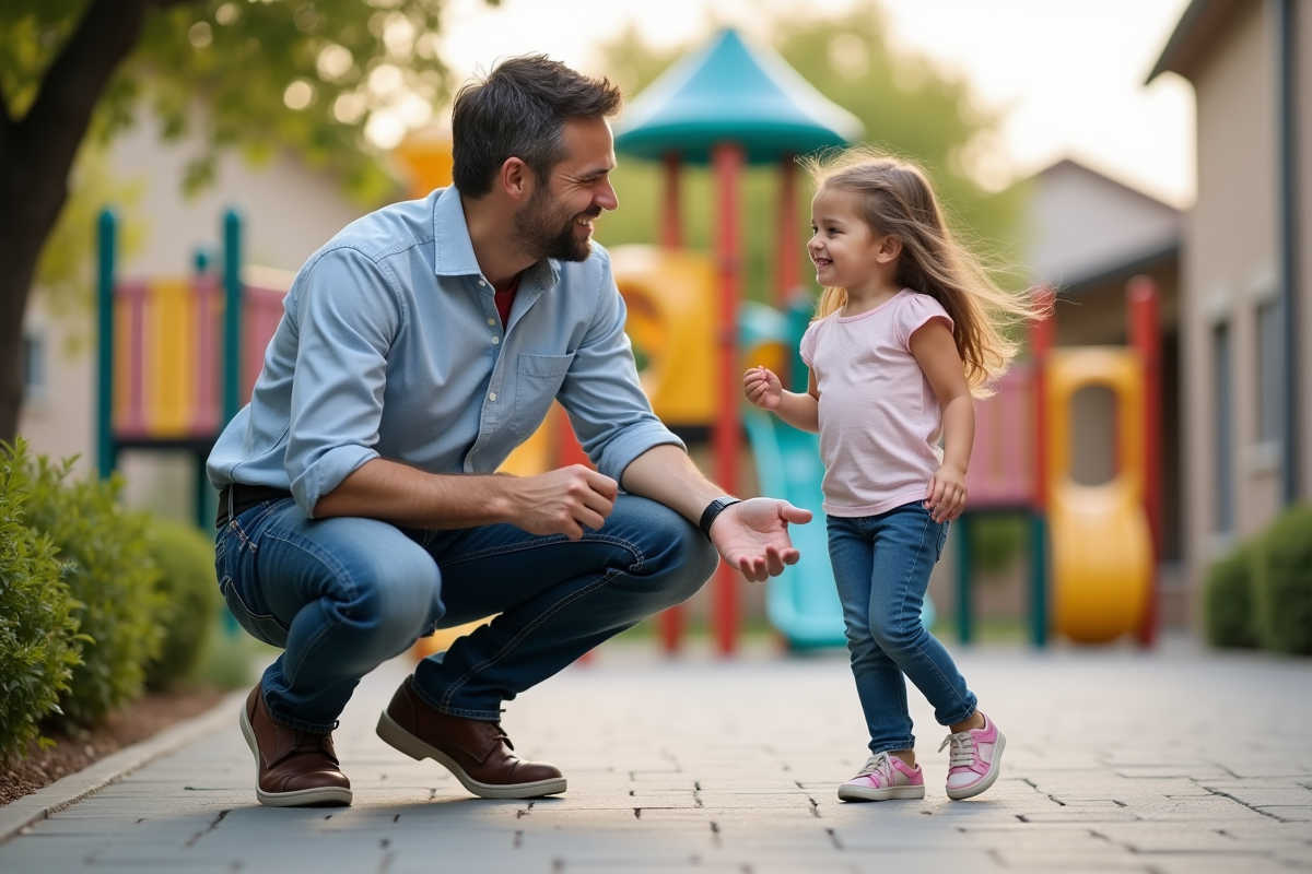 Père parlant avec sa fille devant une école en extérieur