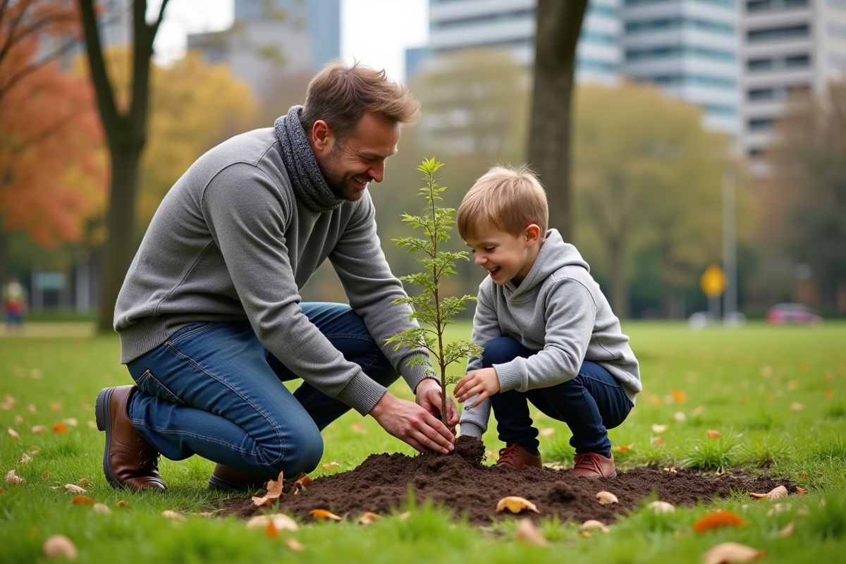Pere et fils plantant un arbre dans un parc urbain