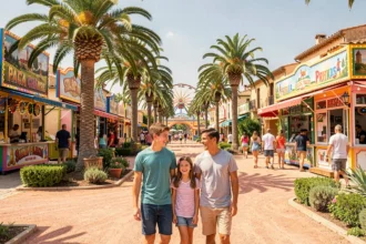 Famille heureuse explorant un parc de loisirs coloré en Provence-Alpes-Côte d'Azur par une journée ensoleillée