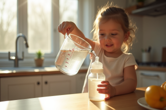 Jeune parent versant de l'eau dans un biberon en cuisine