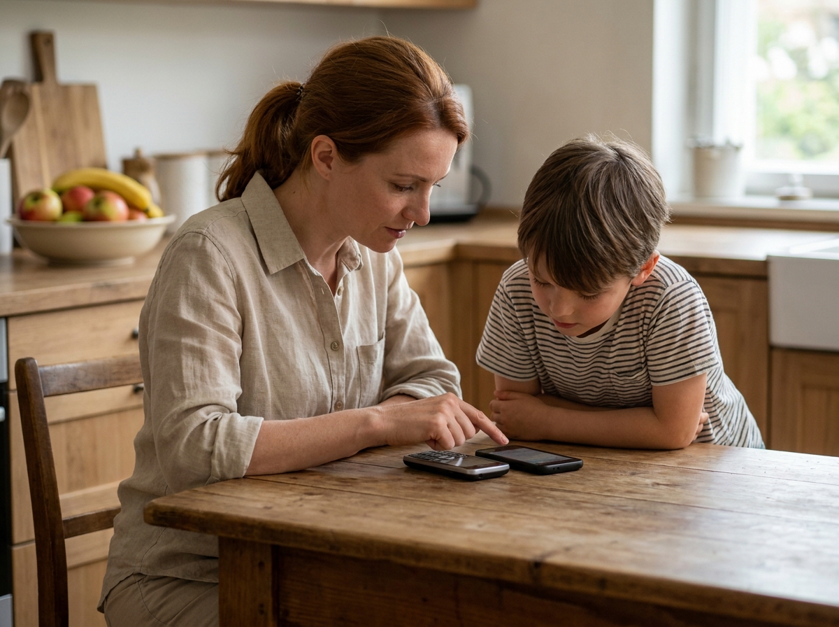 Parent et enfant comparant des téléphones sans internet à la maison