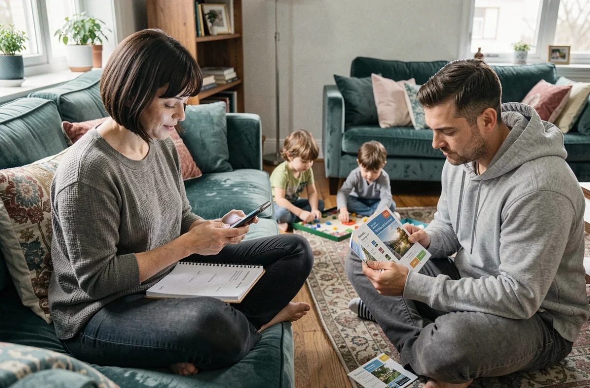 Parents d'une famille recomposée comparant des offres et bons plans familiaux sur smartphone et brochures dans leur salon