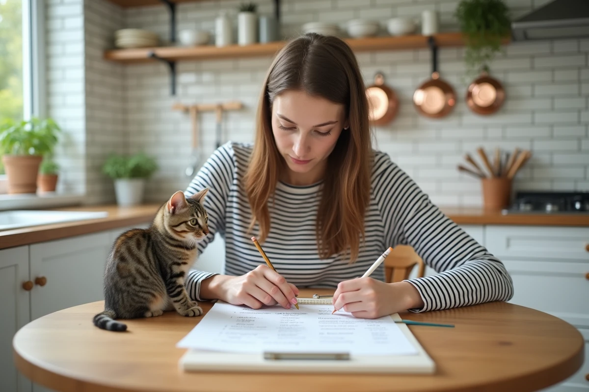 Jeune femme écrivant les paroles de la chanson trois petits chats avec un chat tigré posé sur la table en bois