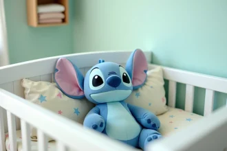 Peluche Stitch bleue respirante posée dans un berceau bébé blanc avec literie pastel douce