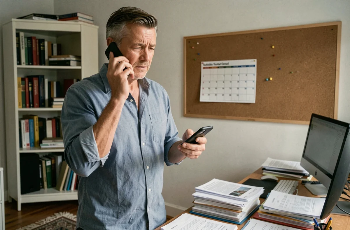 Père téléphonant à l'école pour justifier l'absence de son enfant depuis son bureau à domicile