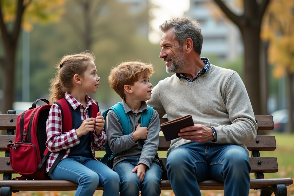 Père séparé parlant avec ses enfants dans un parc