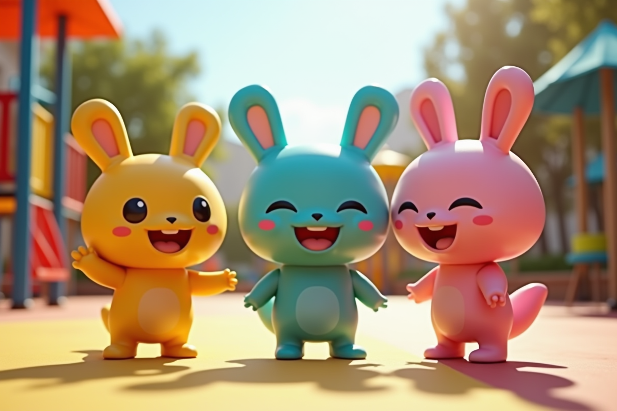 Personnages animés de OuiOui dans un parc moderne en extérieur