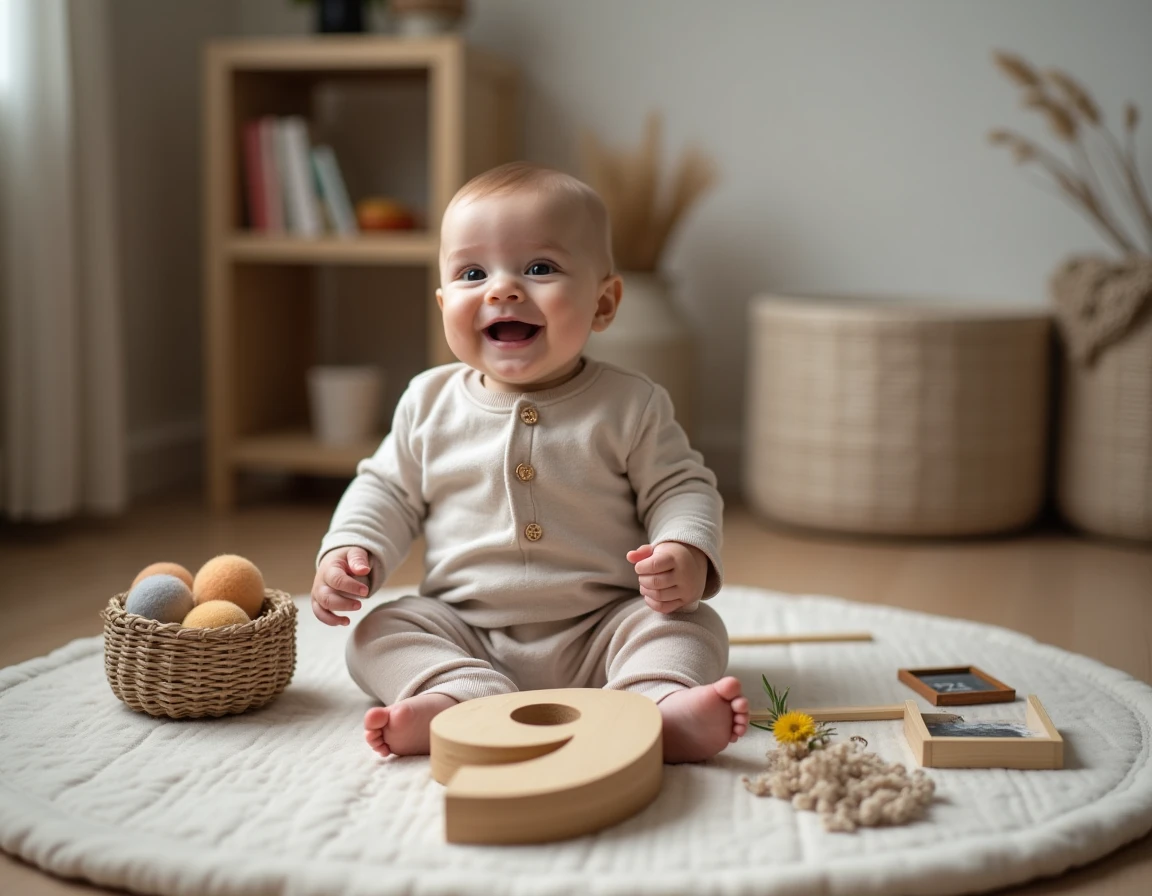Bébé 9 mois entouré de décorations de chambre recyclées dont tableau ardoise et panier osier pour photo originale mois par mois