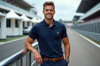 Jeune pilote de Formule 1 souriant appuyé contre une rambarde dans le paddock, ambiance authentique de course automobile