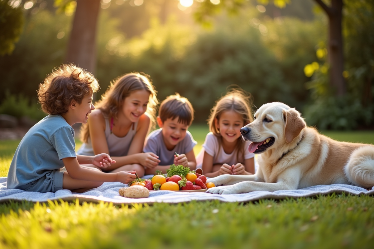 Famille profitant d un pique-nique dans leur jardin avec un labrador