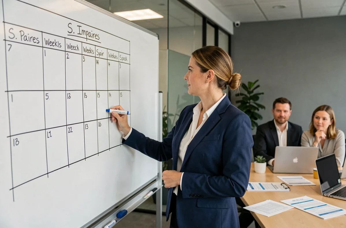Responsable d'équipe pointant un calendrier semaines paires et impaires sur un tableau blanc en salle de réunion