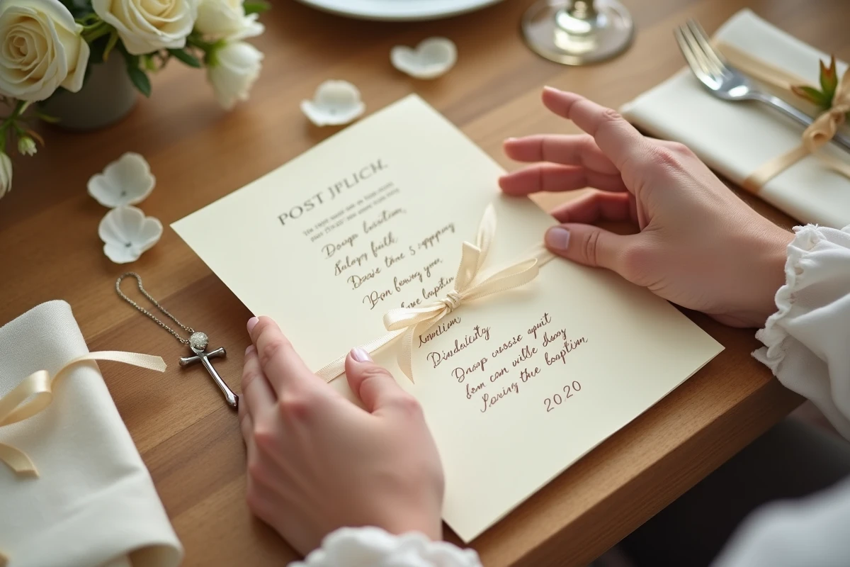 Mains tenant un poème manuscrit sur papier crème avec un ruban, posé sur une table de baptême décorée de fleurs blanches